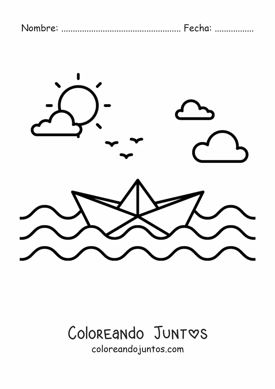 Imagen para colorear de un barco de papel en el mar