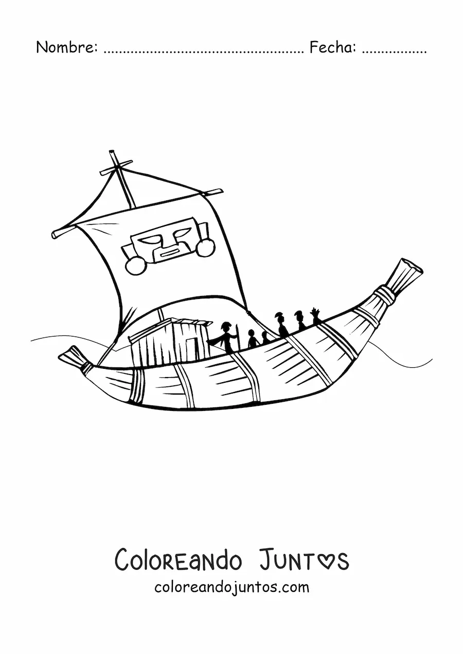Imagen para colorear de un barco inca con tripulantes en el mar
