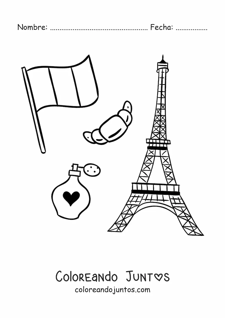 Imagen para colorear de torre eiffel y bandera de francia