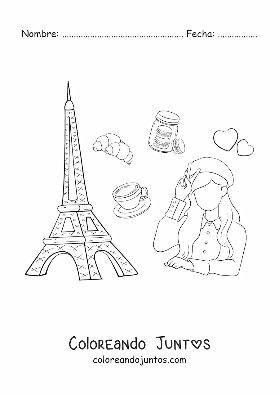 Imagen para colorear de torre eiffel y chica francesa