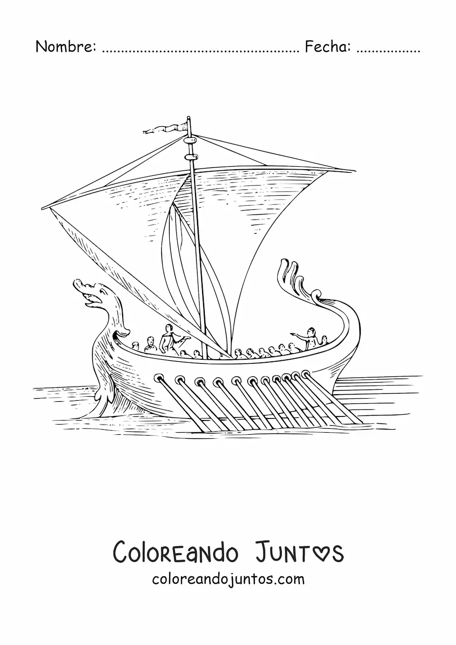 Imagen para colorear de un barco romano antiguo con una proa de serpiente en el mar