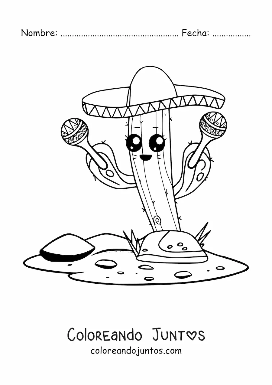 Imagen para colorear de cactus mexicano animado kawaii