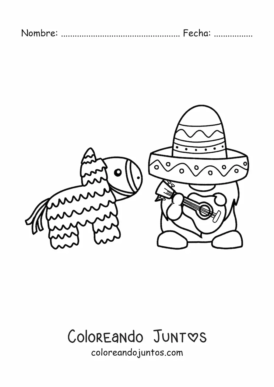 Imagen para colorear de gnomo animado con sombrero mexicano y piñata