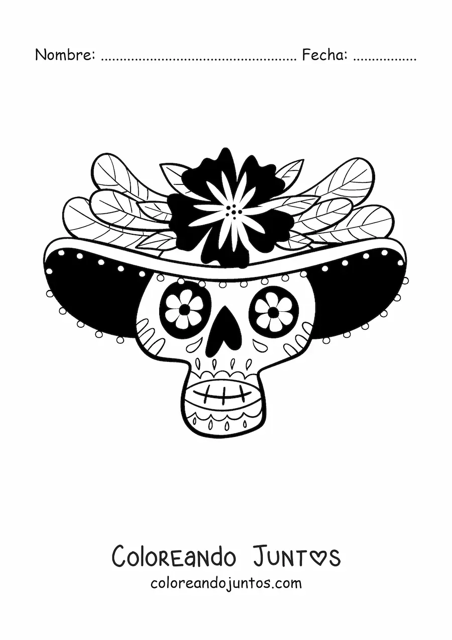 Imagen para colorear de calavera mexicana con sombrero