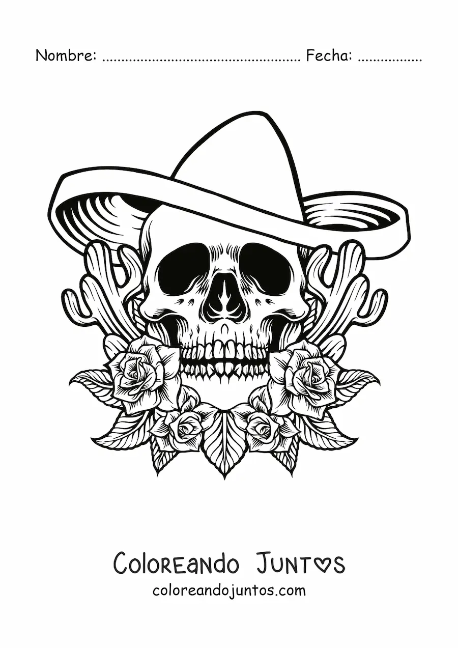 Imagen para colorear de calavera con sombrero mexicano