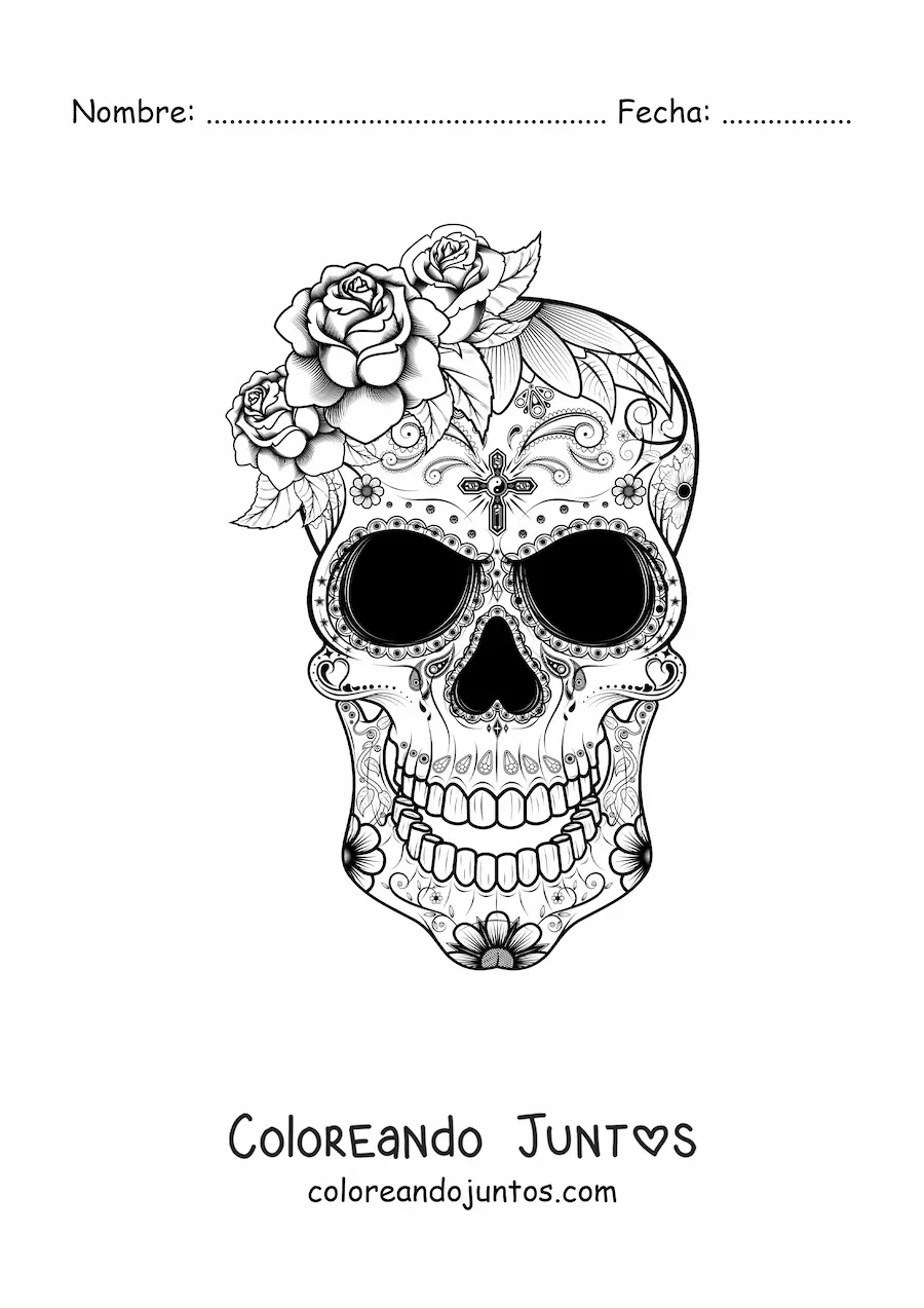Imagen para colorear de calavera mexicana con flores