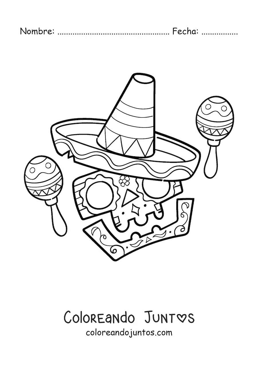 Imagen para colorear de caricatura de calavera mexicana con maracas