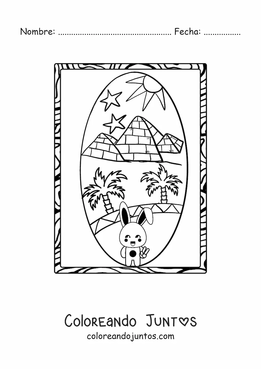 Imagen para colorear de conejo animado visitando las pirámides egipcias