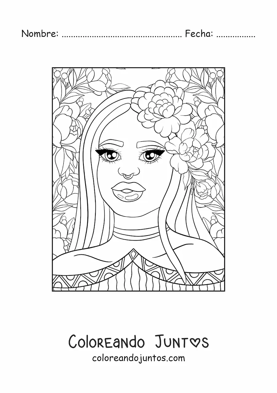 Imagen para colorear de hermosa mujer africana con flores