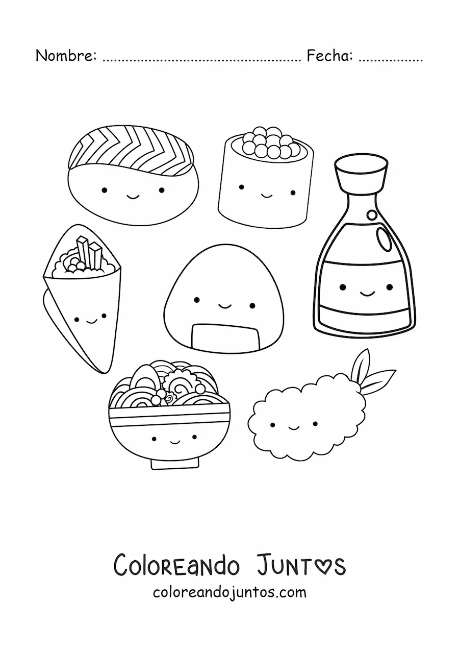 Imagen para colorear de comida japonesa animada