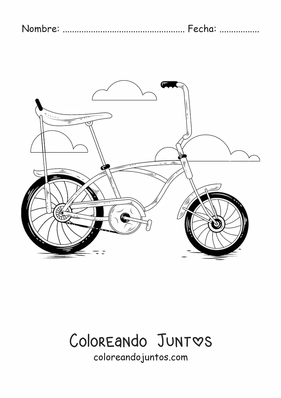 Imagen para colorear de una bicicleta antigua con nubes de fondo