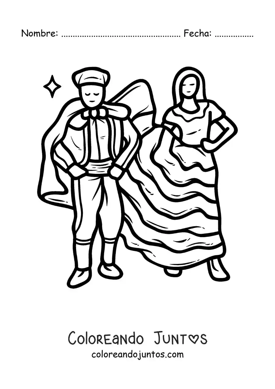Imagen para colorear de bailarina de flamenco animada y su pareja