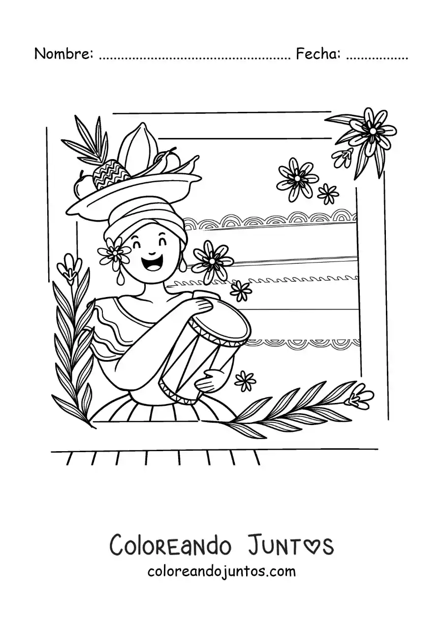 Imagen para colorear de mujer con vestimenta tradicional colombiana tocando tambores