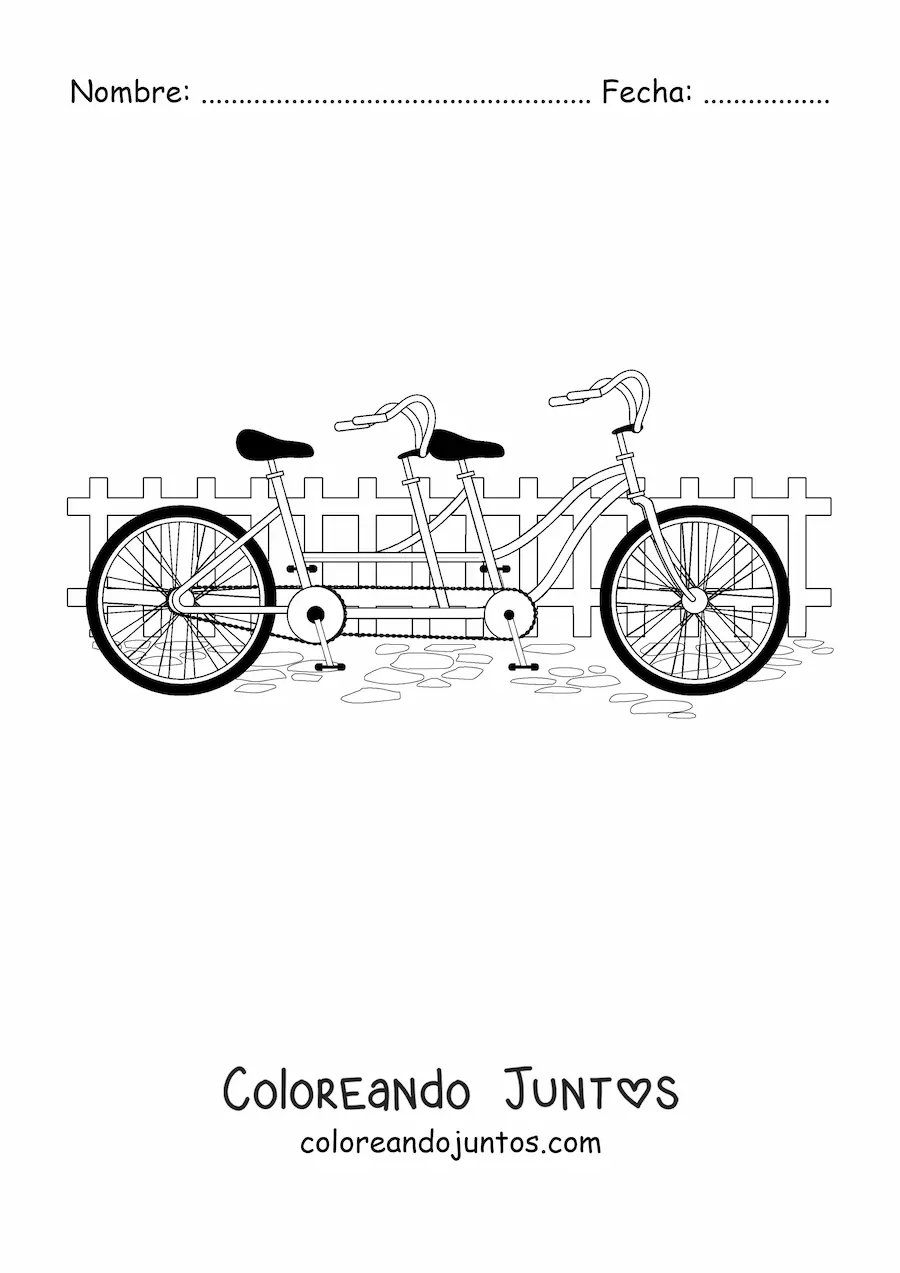 Imagen para colorear de una bicicleta doble con un cerco al fondo
