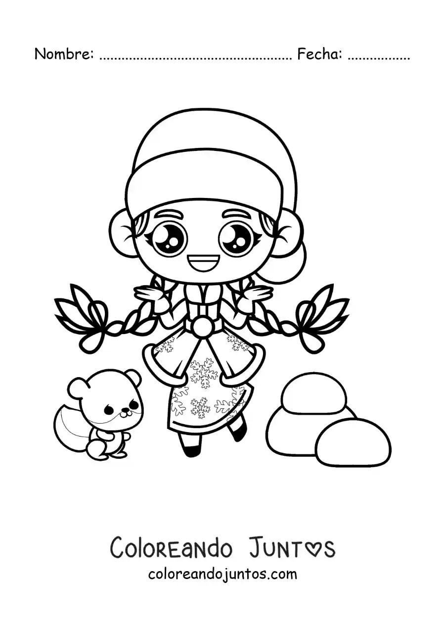 Imagen para colorear de niña rusa kawaii animada