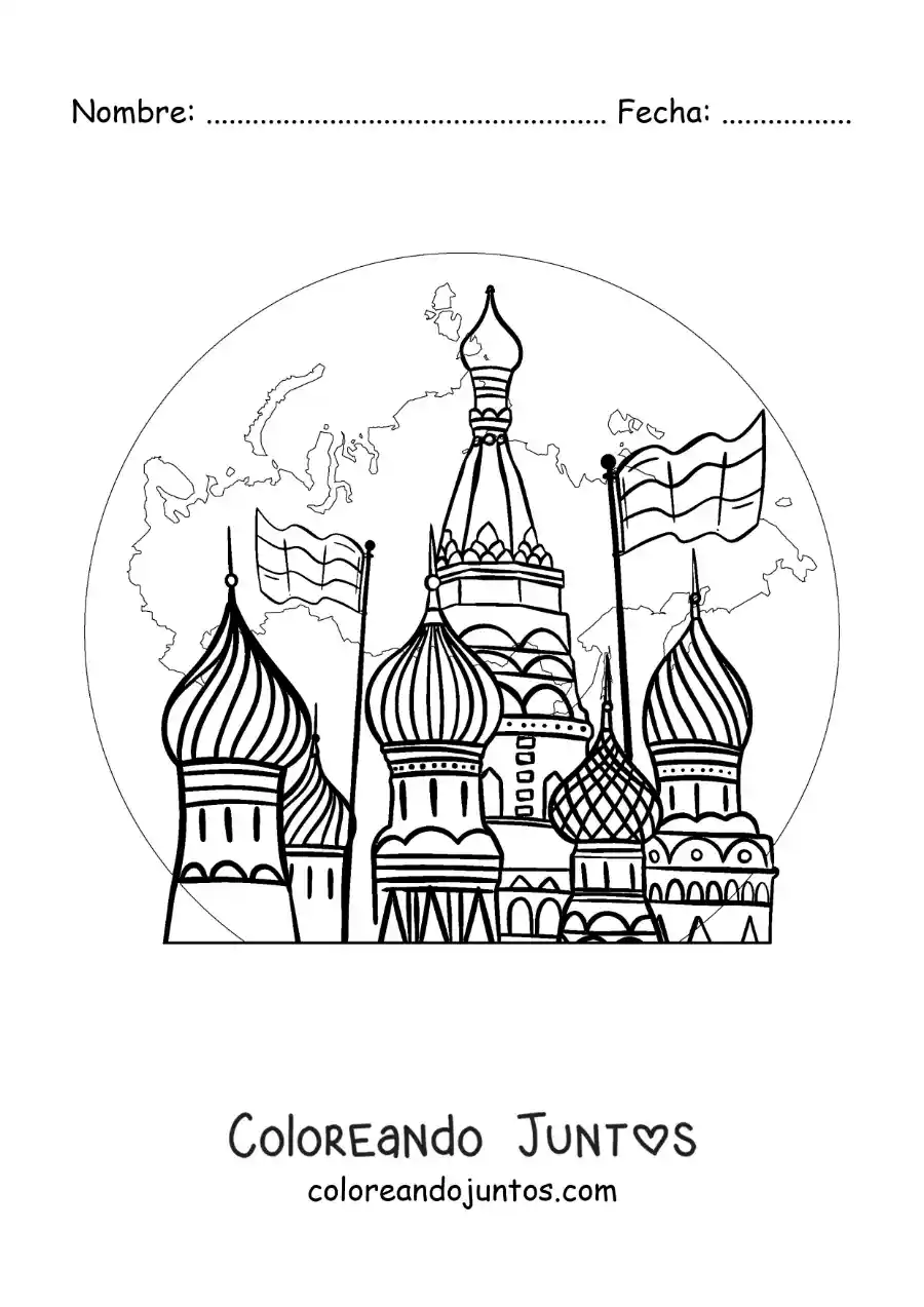 Imagen para colorear de catedral de san basilio con el mapa de rusia