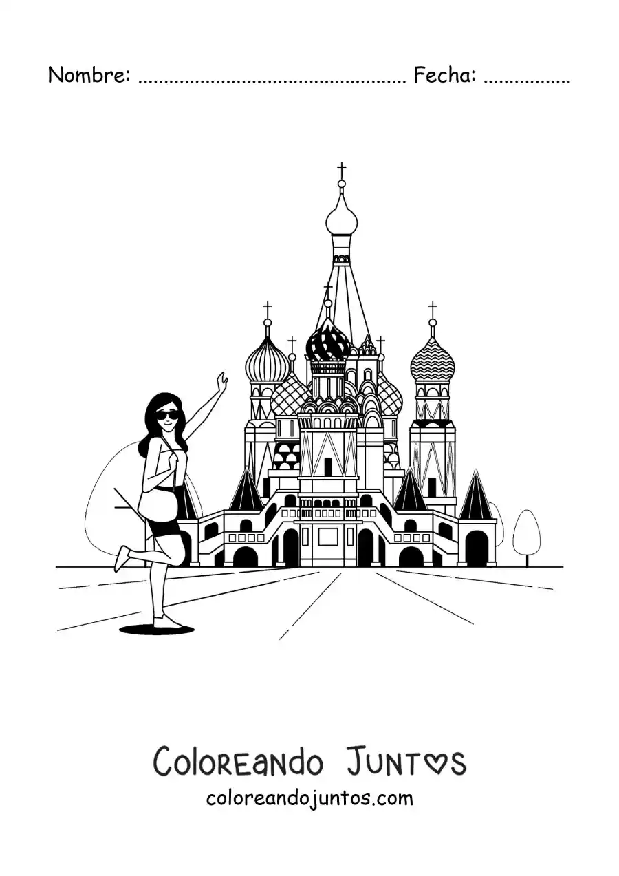 Imagen para colorear de chica turista en la catedral de san basilio