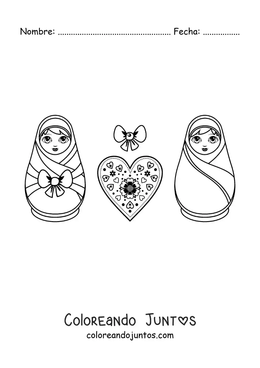 Imagen para colorear de muñecas rusas animadas con un corazón