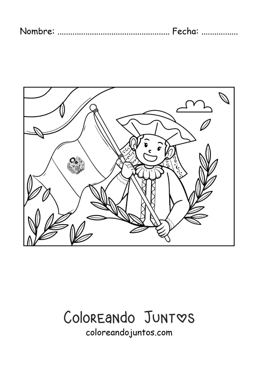 Imagen para colorear de niña animada con la bandera de perú