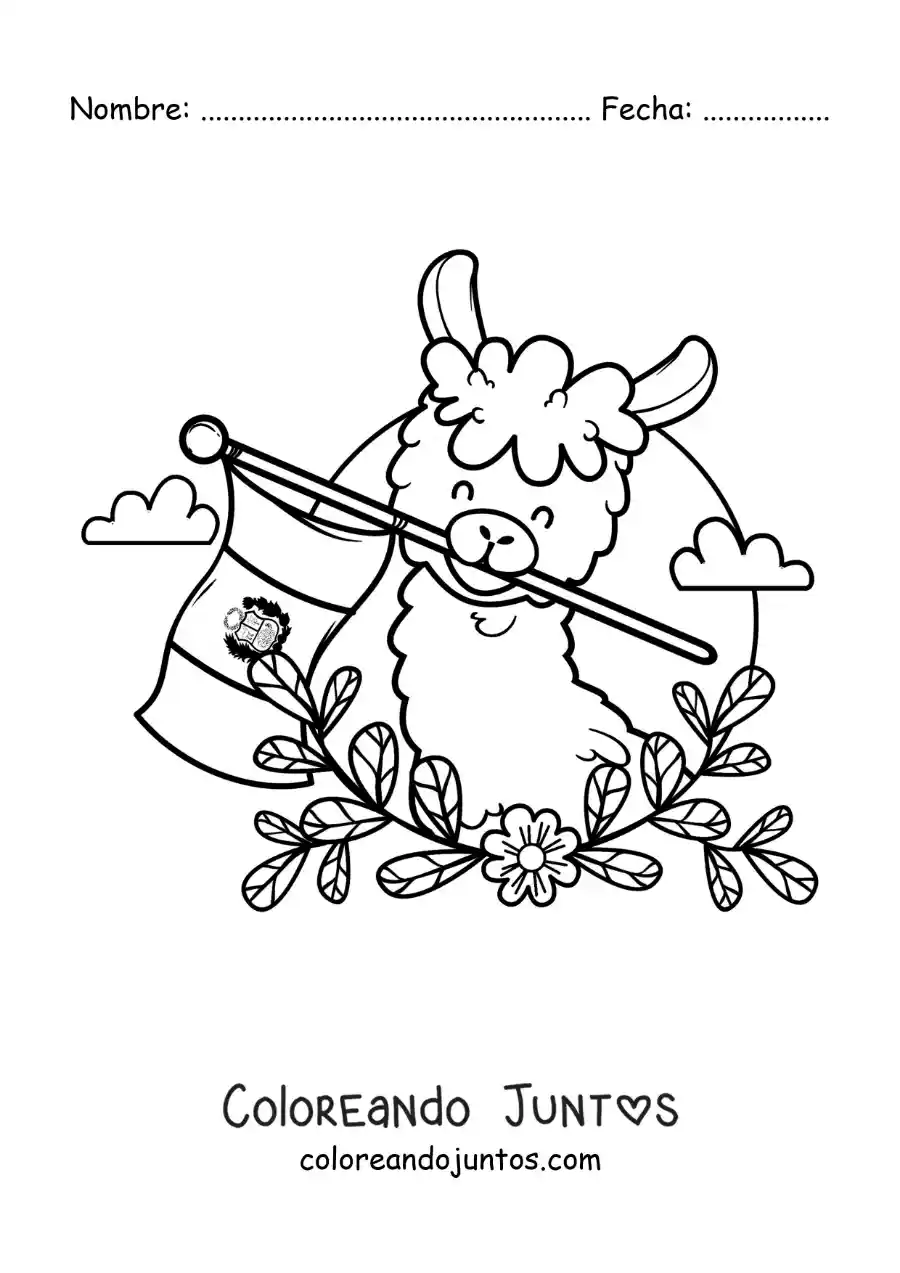 Imagen para colorear de alpaca animada con la bandera de perú