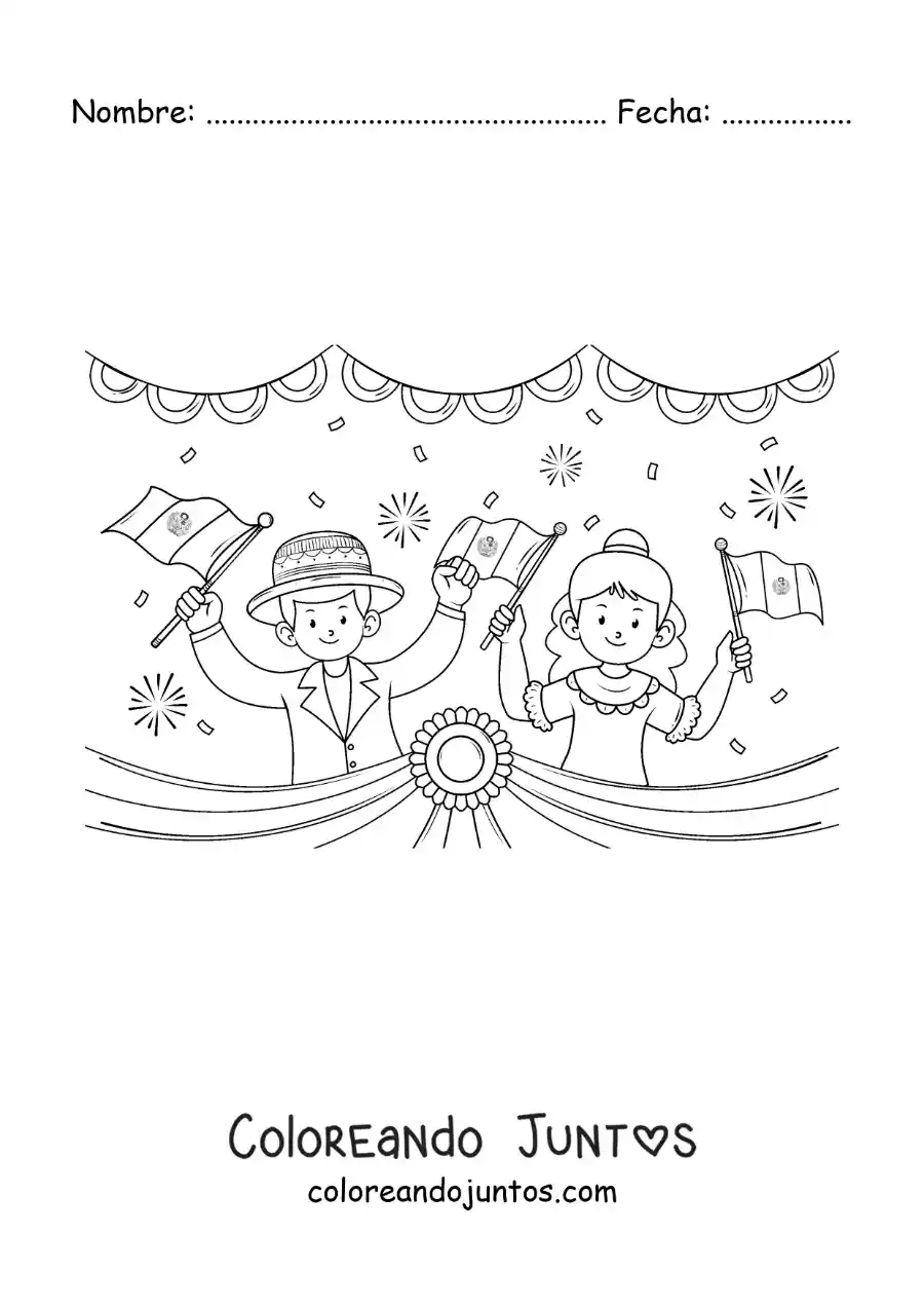 Imagen para colorear de niños animados con la bandera de perú