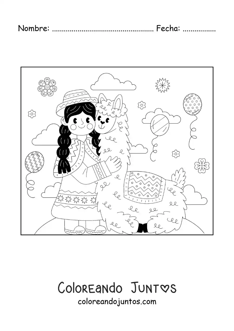 Imagen para colorear de niña peruana con traje tradicional y una alpaca