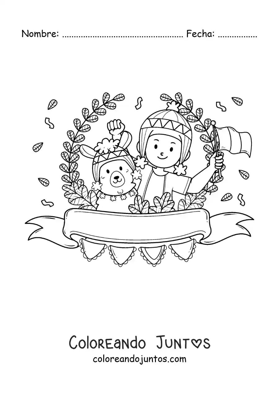 Imagen para colorear de niño peruano con vestimenta tradicional y una alpaca animada
