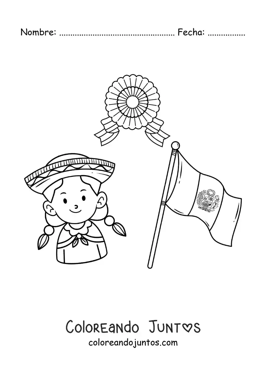 Imagen para colorear de niña con la bandera de perú