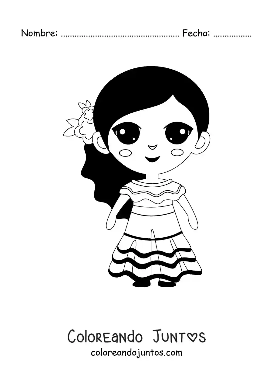 Imagen para colorear de niña con vestido tradicional de venezuela