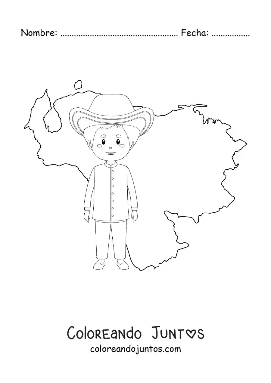 Imagen para colorear de niño con vestimenta tradicional y el mapa de venezuela