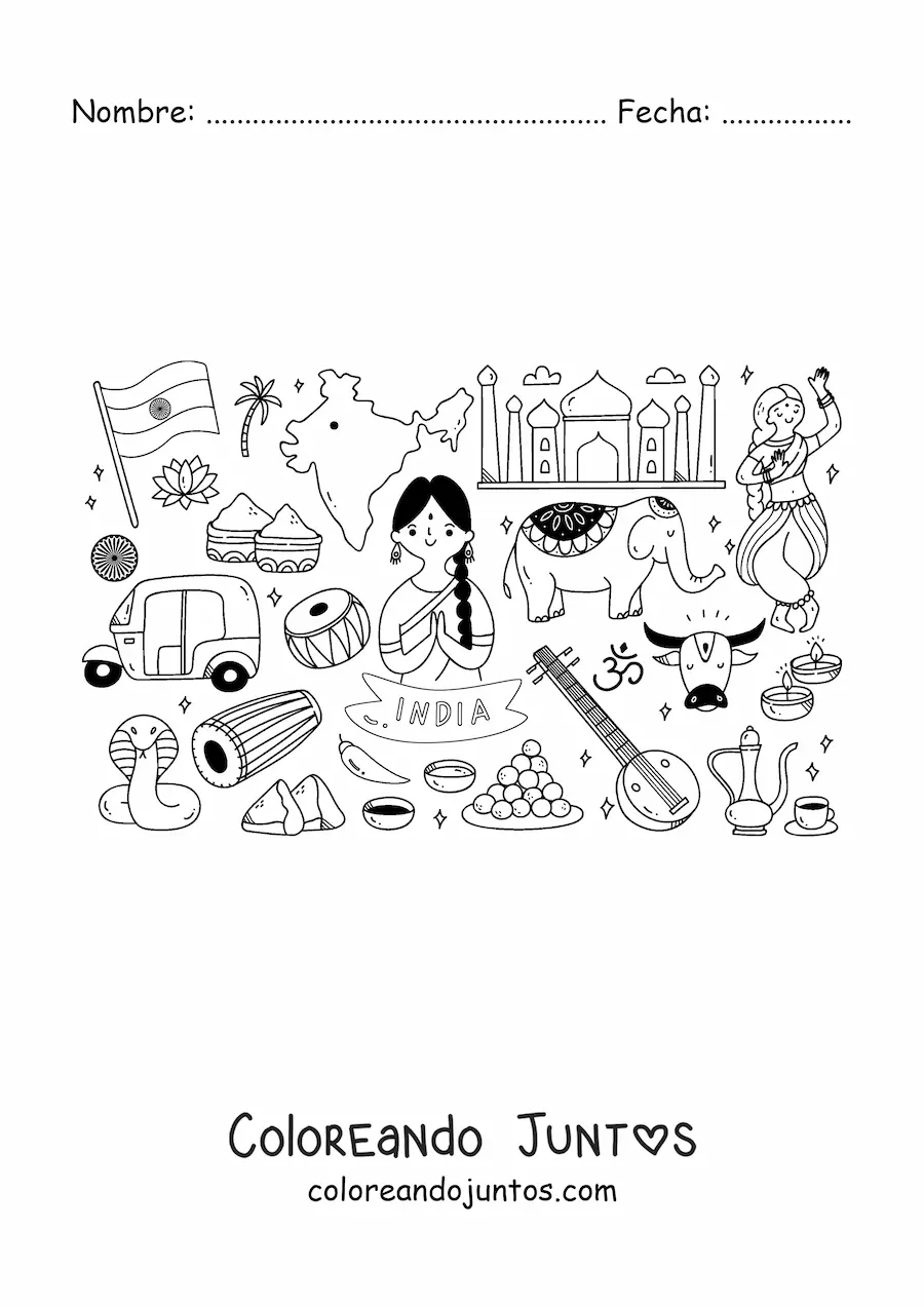 Imagen para colorear de elefante y elementos de la cultura de la india