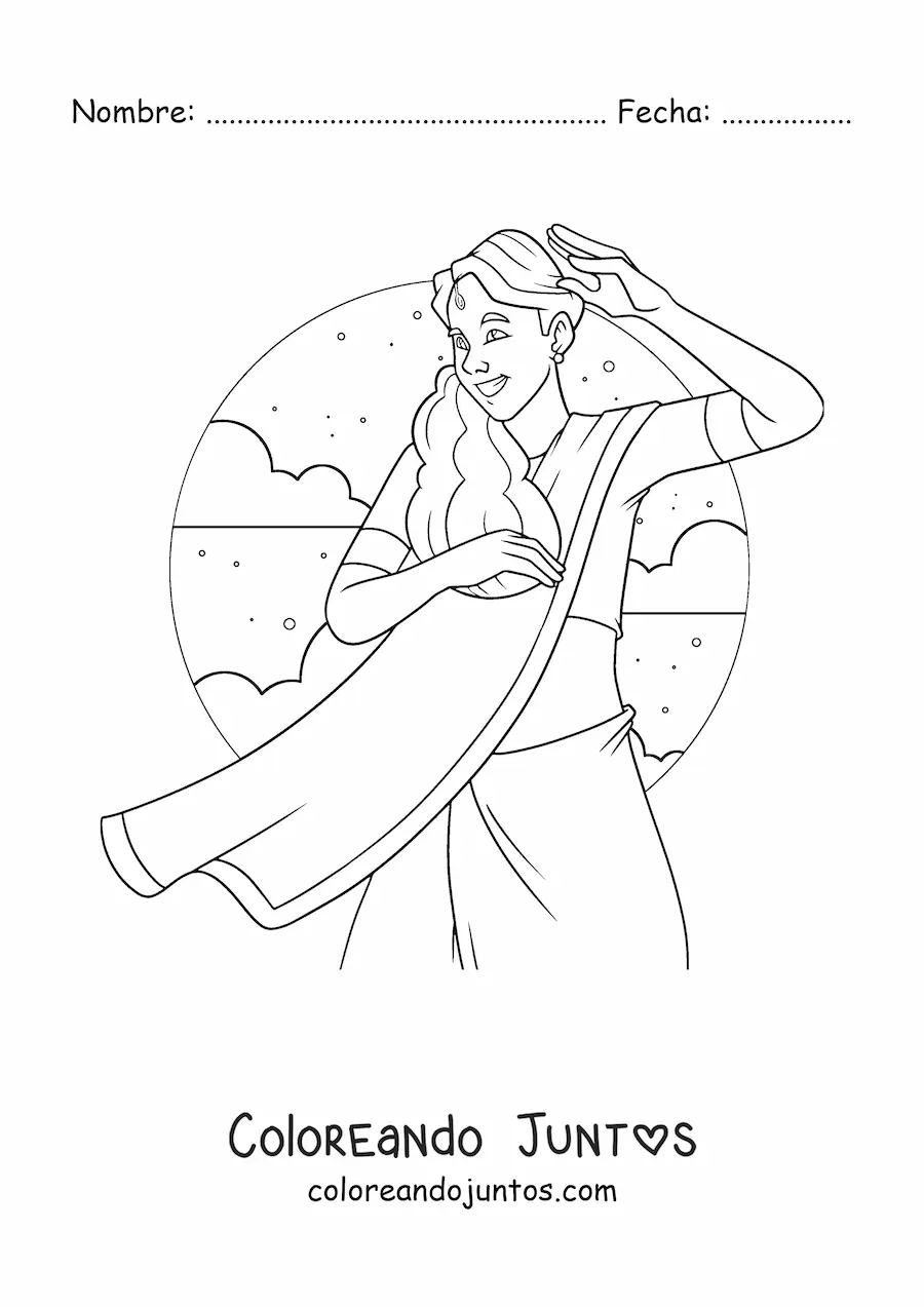 Imagen para colorear de chica de la india con traje tradicional