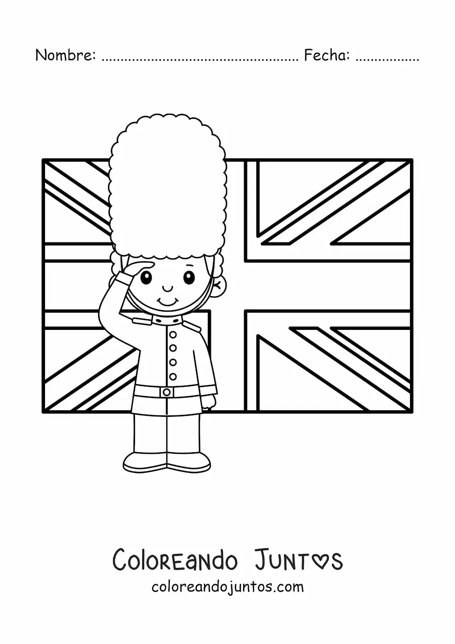 Imagen para colorear de guardia real animado con la bandera del reino unido