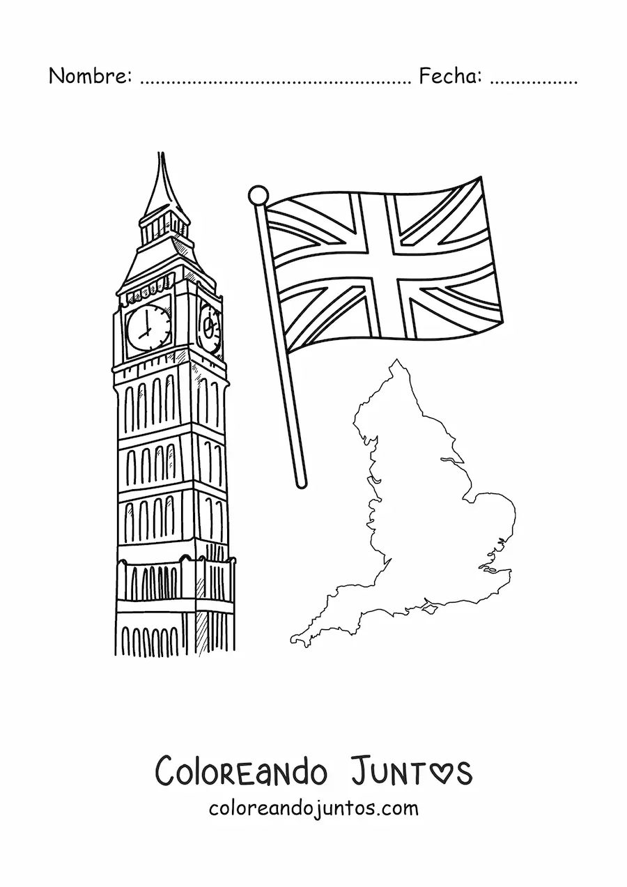 Imagen para colorear de big ben con la bandera del reino unido y el mapa de inglaterra