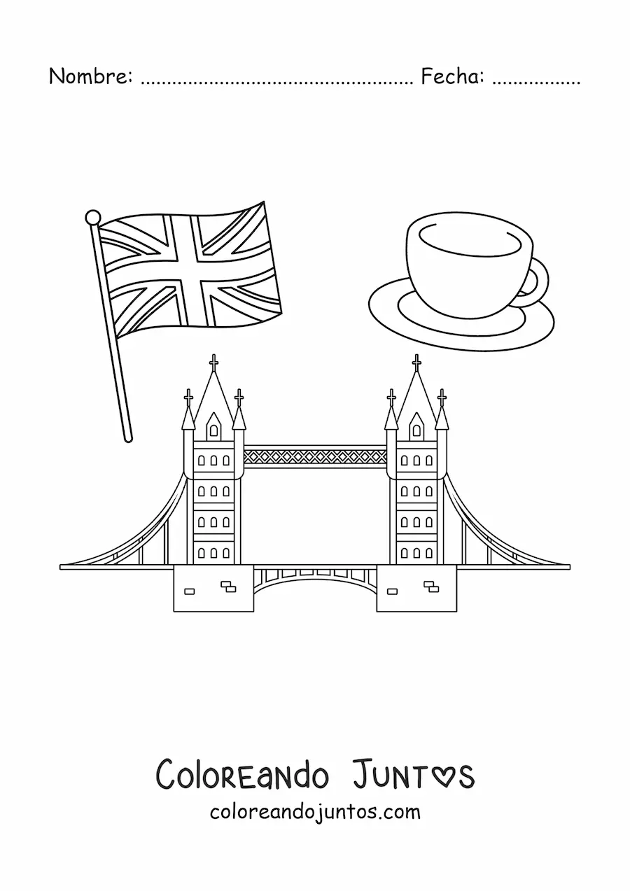 Imagen para colorear de bandera del reino unido con el puente de londres