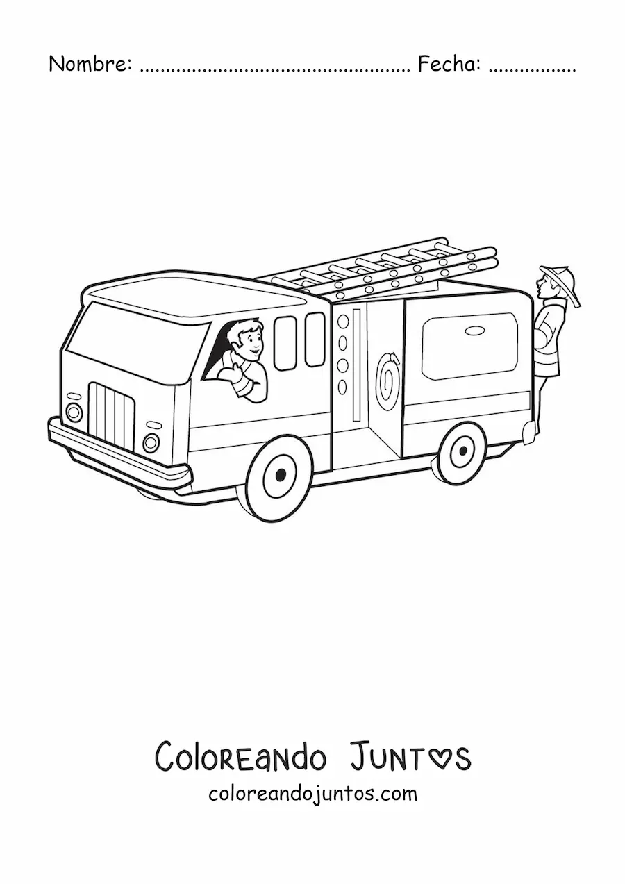 Imagen para colorear de dos bomberos animados en un camión de bomberos