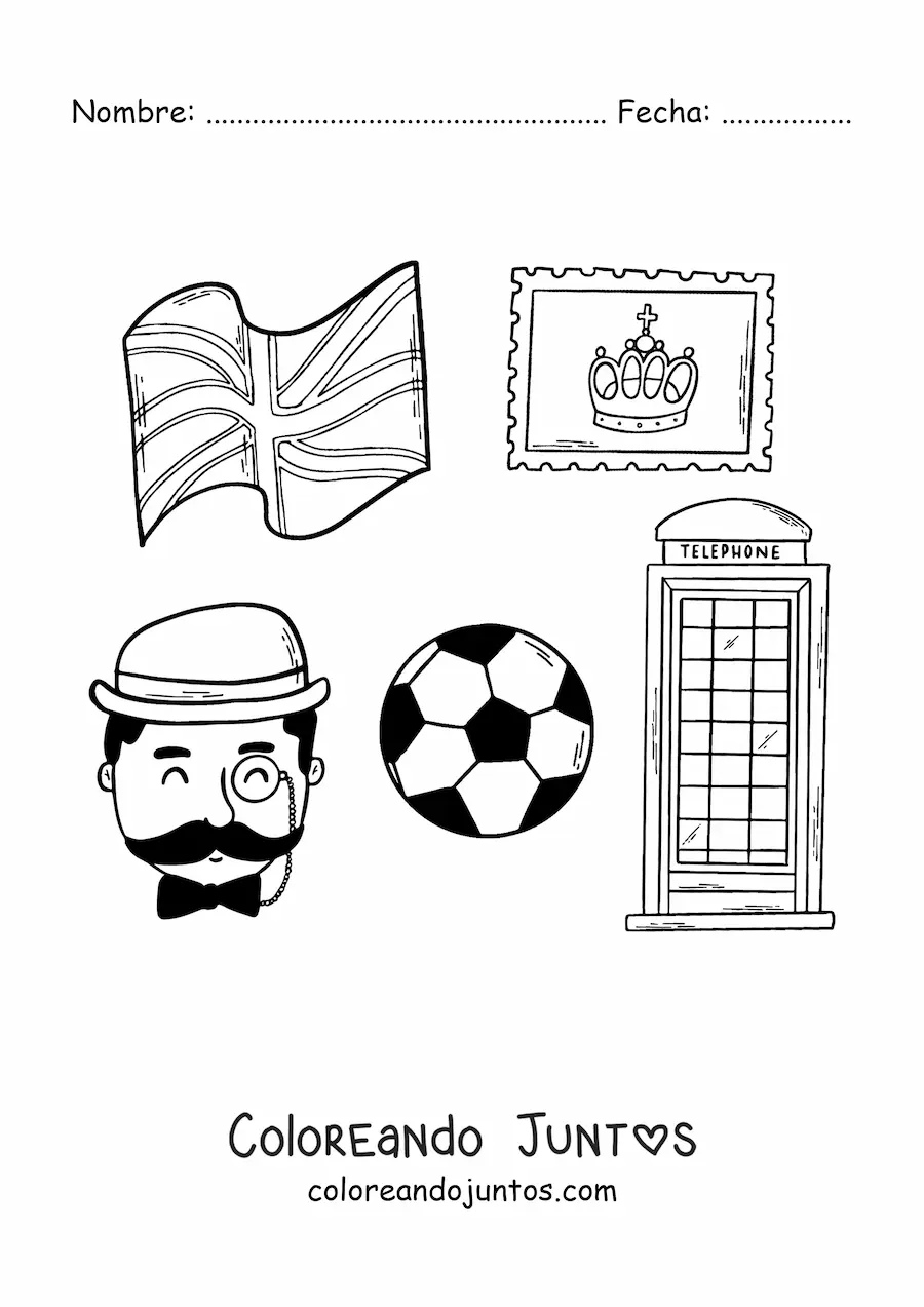 Imagen para colorear de elementos de la cultura inglesa y bandera del reino unido