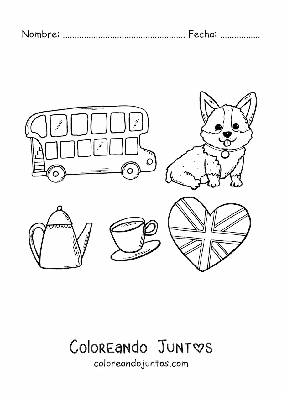 Imagen para colorear de autobús y elementos de la cultura británica