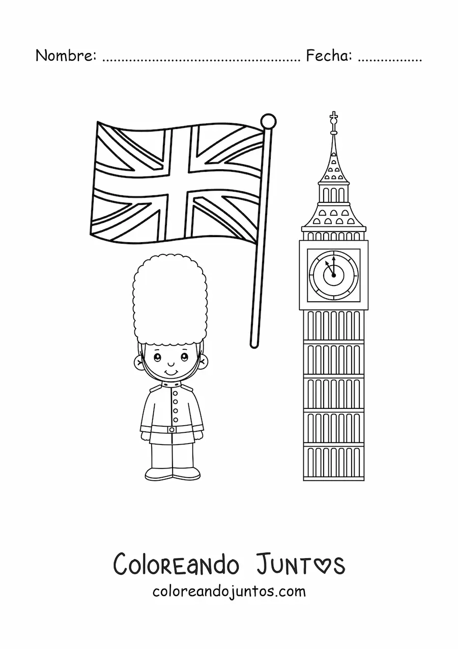 Imagen para colorear de niño guardia real con la bandera del reino unido y el big ben