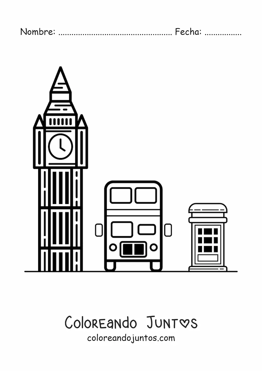Imagen para colorear de big ben con autobús y cabina telefónica de londres