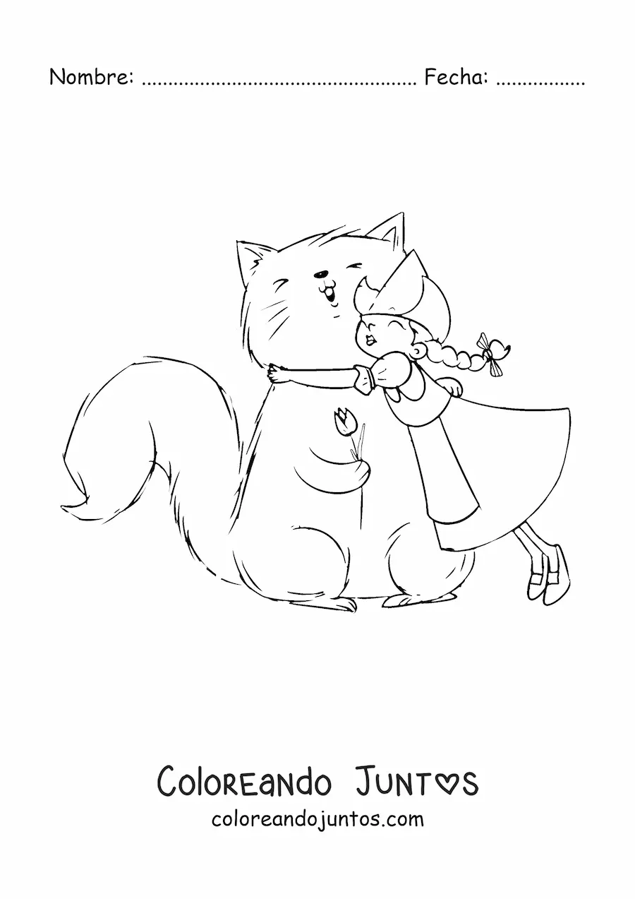 Imagen para colorear de niña holandesa con un gato animado