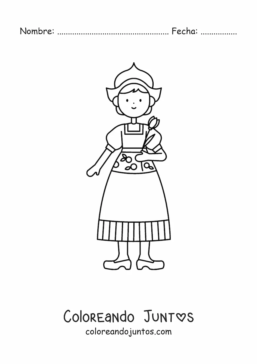 Imagen para colorear de niña holandesa con traje tradicional