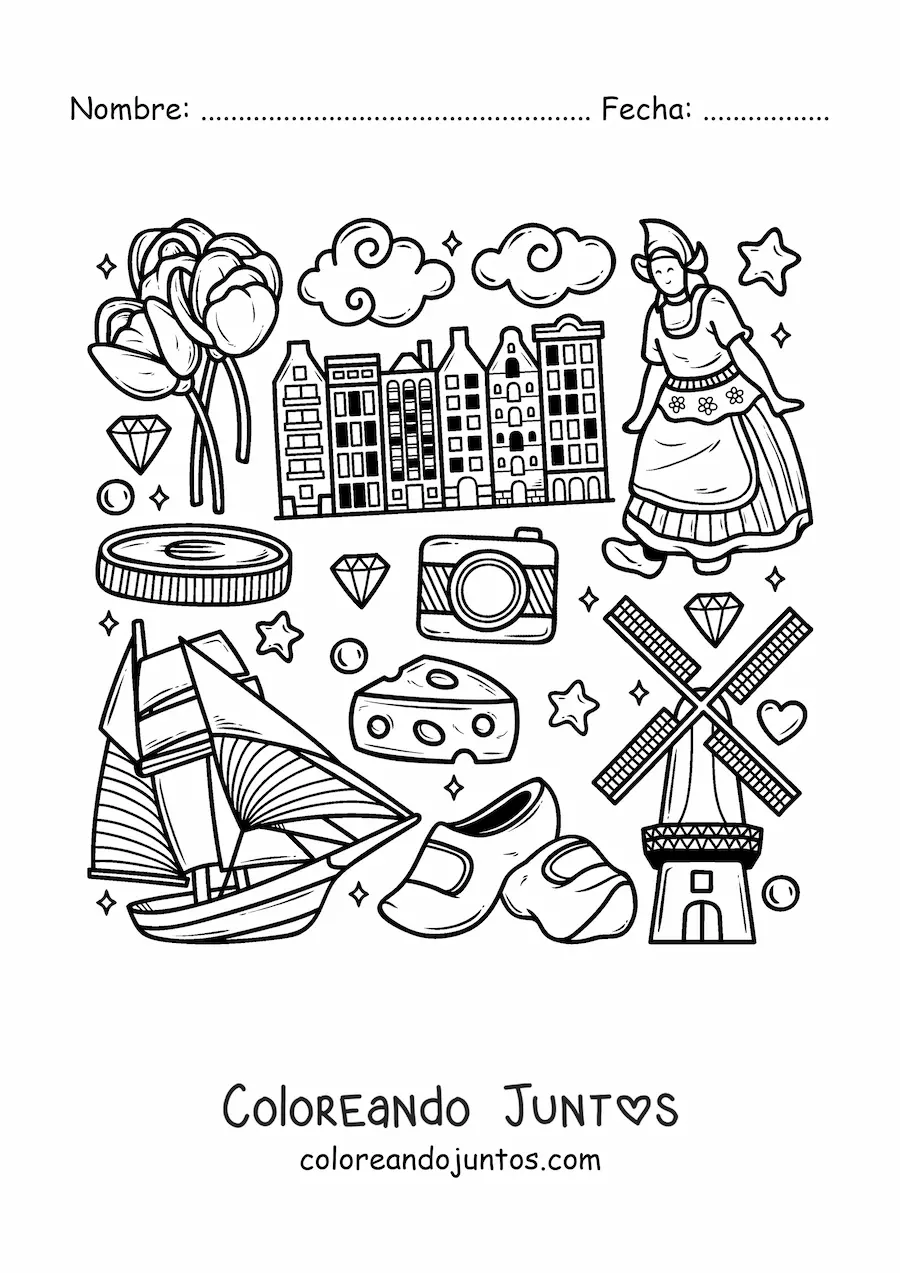 Imagen para colorear de zuecos y símbolos de la cultura de los países bajos