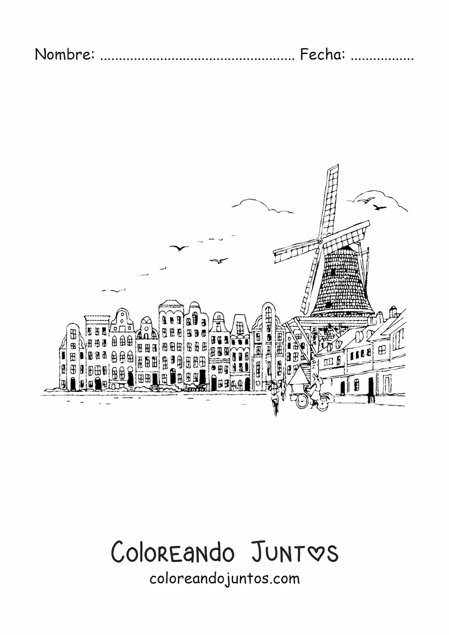 Imagen para colorear de paisaje de la ciudad de amsterdam
