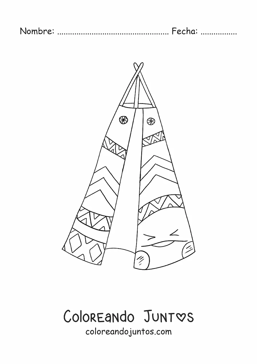 Imagen para colorear de tipi indígena americano animado kawaii