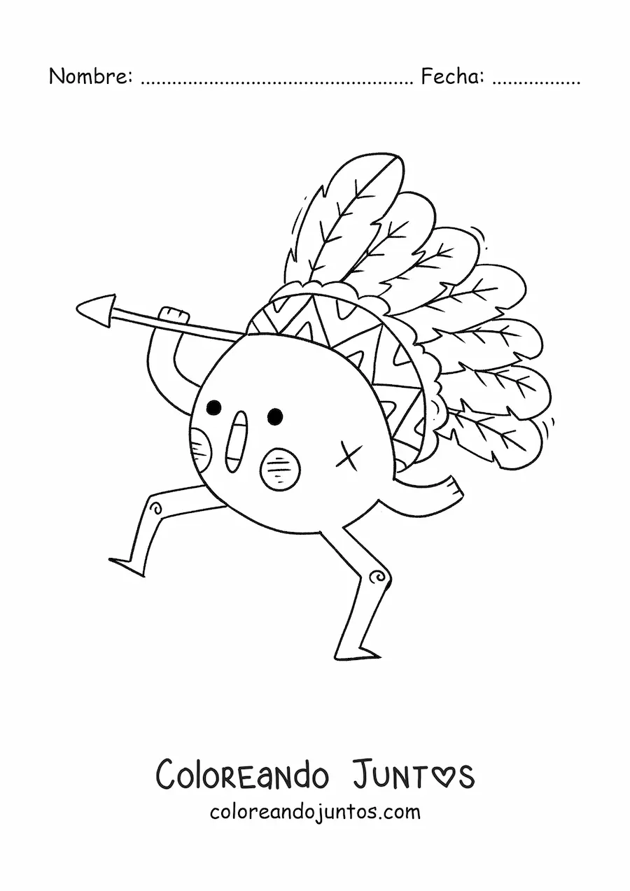 Imagen para colorear de indígena americano animado kawaii con plumas