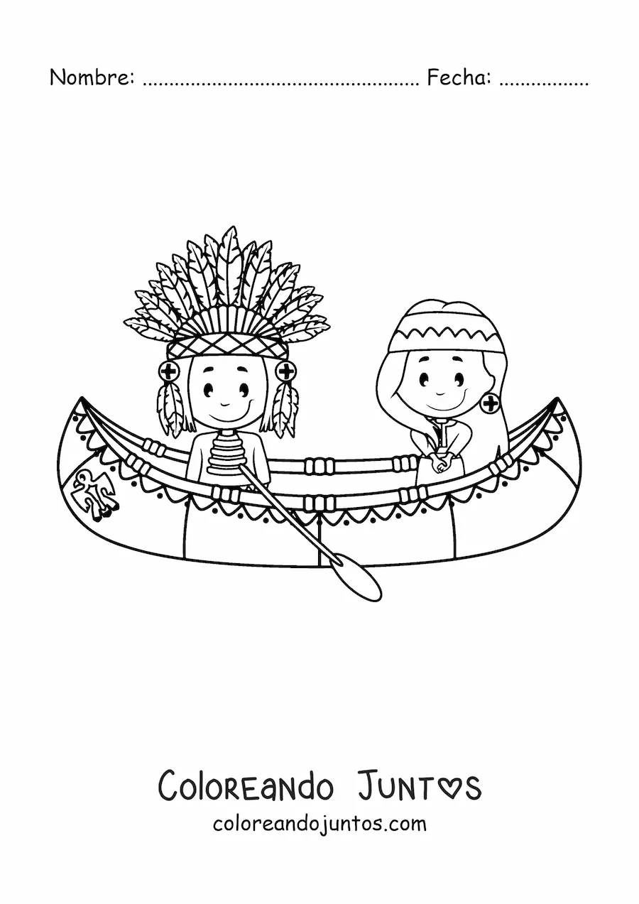 Imagen para colorear de indígenas nativos americanos animados en un canoa
