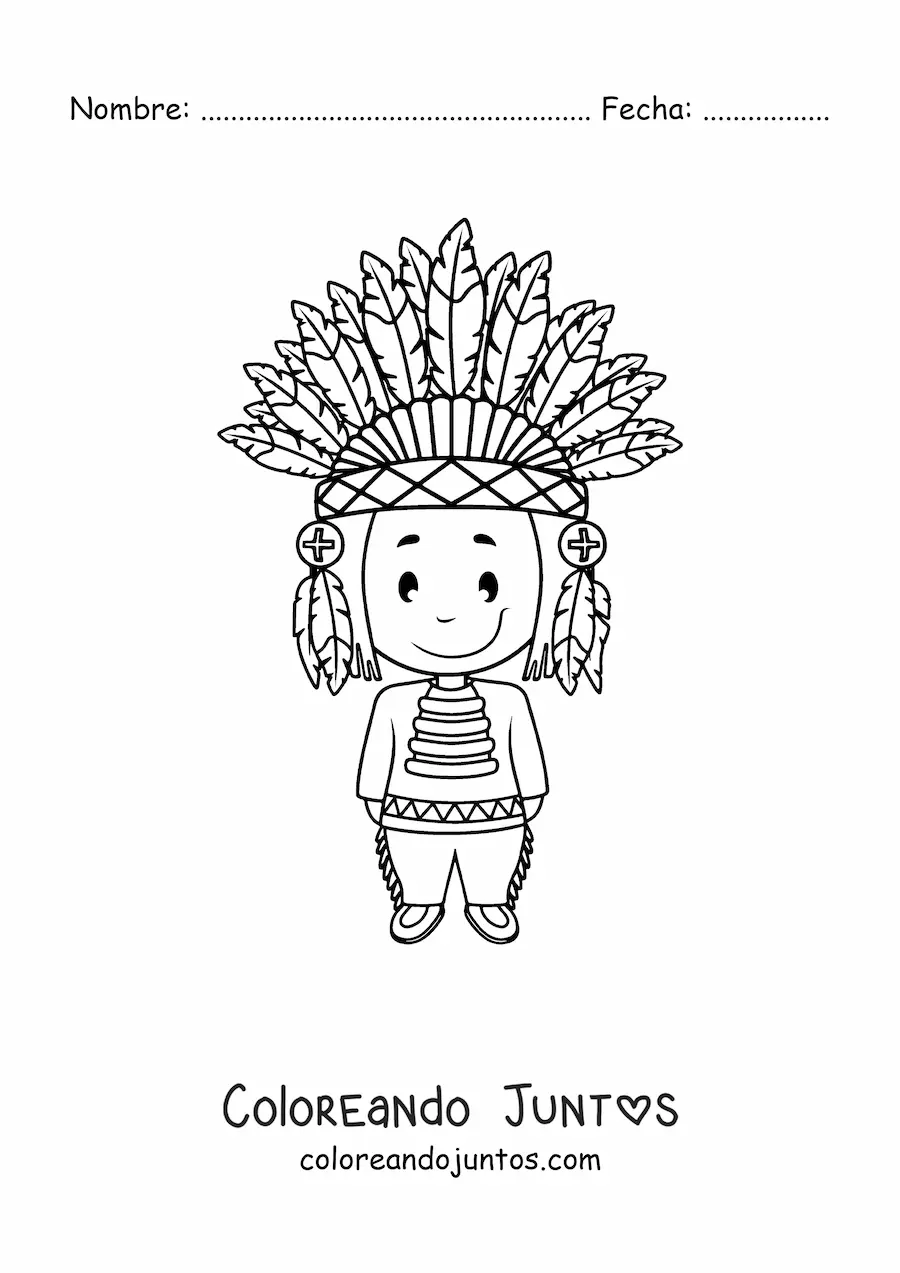 Imagen para colorear de indígena de una tribu nativa americana con un penacho de plumas