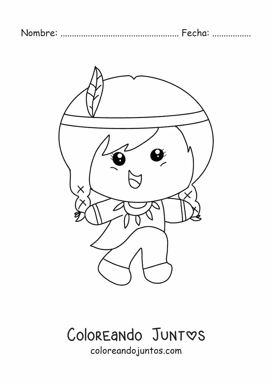 Imagen para colorear de niña de tribu nativa americana animada kawaii