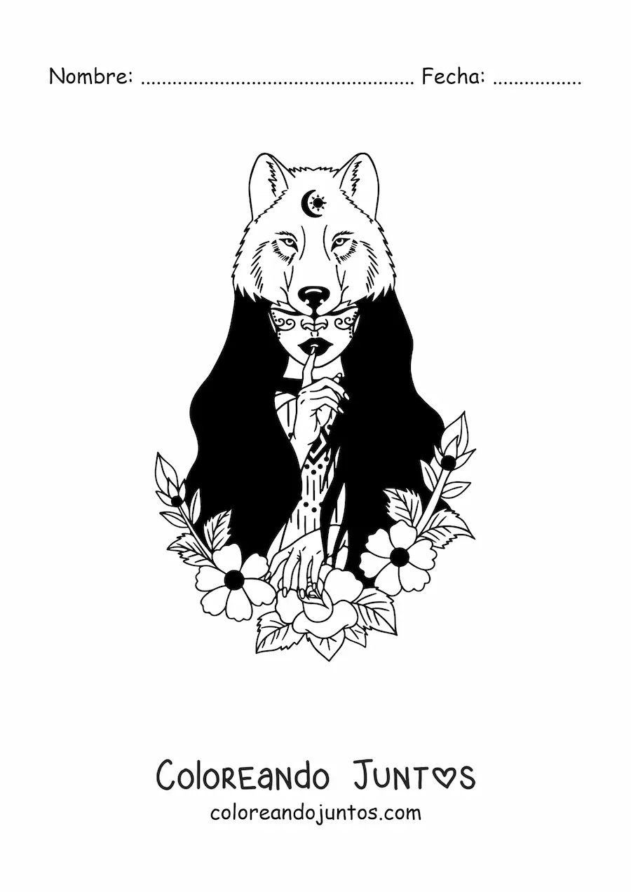 Imagen para colorear de hermosa chica de tribu nativa americana con piel de oso